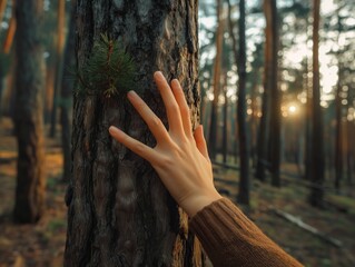 A hand reaches towards the sunlight through pine branches
