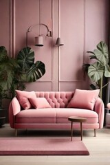 Cozy Scandinavian Interior with Empty Frames, Furniture, Plants, and Lamps






