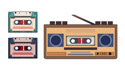 tape recorder 80s plays music, Retro old design ghetto blaster boombox radio cassette tape, Vintage audio cassette, stereo recorder for listening radio music on tape cassette, retro portable player