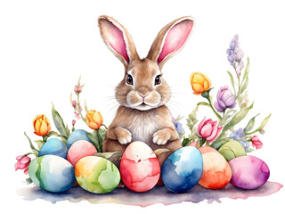 png watercolor hare, rabbit with easter eggs, on transparent background, sublimation for t-shirt...