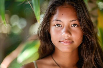 Hawaiian girl portrait, teenage model, brunette hair, happy face - obrazy, fototapety, plakaty