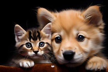 Obraz premium Close-up shoot of Adorable puppy and kitten lying together in a loving embrace, isolate on black background.