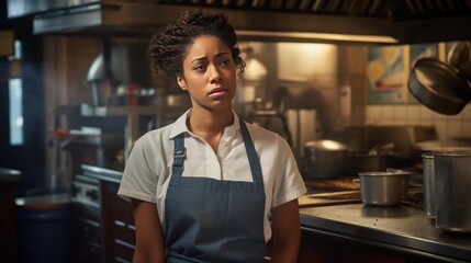 Exhausted black female, tired worker, stressed,Exhausted black female cook in kitchen in restaurant.  - obrazy, fototapety, plakaty