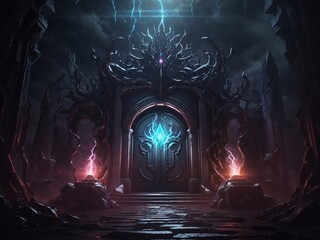 "Forgotten Citadel: Procreate Conjures a Mysterious Final Boss Room Entrance in Dark Fantasy, Weaving Intricate Shadows and Ephemeral Elements"