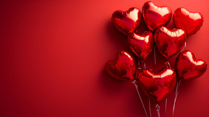 Heart shaped balloons on red background, flat lay with space for text. Valentine's Day celebration. generative ai