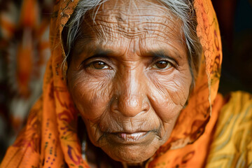 Aged Indian woman, a close-up portrait capturing the warmth of maturity