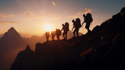 Fototapeta premium The team of hikers climbed up to the top of the mountain. Overlooking a stunning view. Silhouette stunning view. Concept to achieving goals together. Generative AI