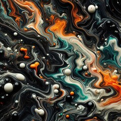 close-up view of a mix of colorful liquids, creating an abstract pattern. Dominant colors include black, orange, green, and white, swirling and mixing together in intricate designs