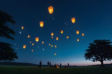 Family sends a balloon of them wishing desire into the blue sky at night, lantern flies.