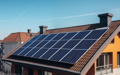 Fototapeta premium Solar panel on roof house. Home with solar panels on roof. Modern house exterior. Tanunhouses and residential buildings, houses with solar panels on roof. Solar photovoltaic construction for homes.