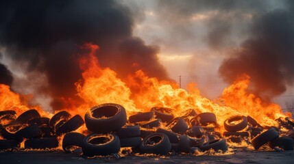 Pile of tires is burning,Waste from the automobile industry