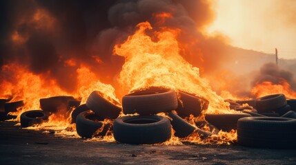 Pile of tires is burning,Waste from the automobile industry - obrazy, fototapety, plakaty