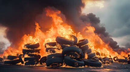 Pile of tires is burning,Waste from the automobile industry - obrazy, fototapety, plakaty