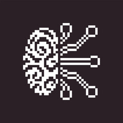 black and white simple 1bit pixel art artificial intelligence icon. brain and chipset