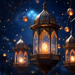 Obraz premium Macro realism shoot of camera. Ornamental Arabic lantern with burning candle glowing at night. Festive greeting card, invitation for Muslim holy month Ramadan Kareem.