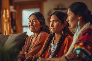 Native American family, children with parents, happy family bonding, cozy home life.