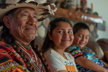 Native American family, parents with kids, bonding time at home, joyful unity.