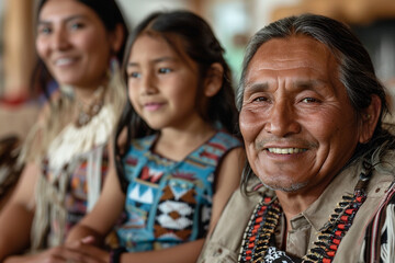 Fototapeta premium Native American family, father with son and daughter, joyful parenting time, cheerful home