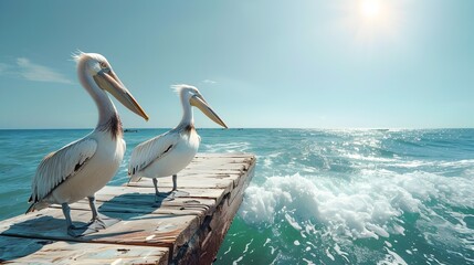 Pelicans Standing on Pier in Light-Filled Seascape