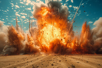 Explosive Detonation Captured in a Desert Setting Under a Clear Blue Sky - obrazy, fototapety, plakaty