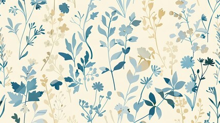 2D pattern design, Delicate botanical illustrations, modern yet traditional floral motif, in a soothing palette of cool blues and warm beige, spaced evenly for a breezy, elegant feel,  - obrazy, fototapety, plakaty