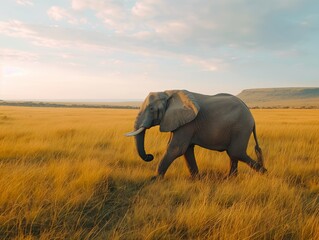 A serene scene of African elephant wandering through the golden grasses of the savannah at dusk