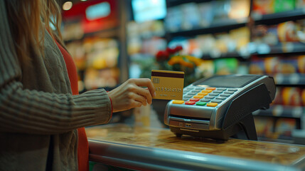 shopper uses credit card for grocery shopping, selecting fresh fruits, embodying convenience and efficiency in shopping.
