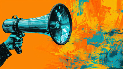A hand holding a turquoise megaphone in front of a orange background