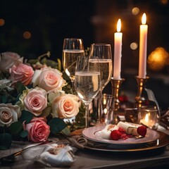 Obraz na płótnie Canvas Exquisite table setting with champagne glasses, candles, and fresh flowers for romantic celebration