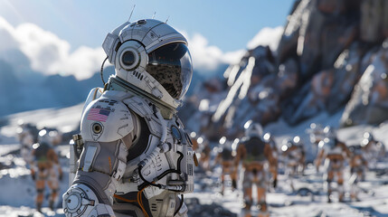 astronaut in front of alien people around him on a exoplanet, ultrarealistic, photorealistic, cinematic