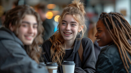 Obraz premium Energetic young scholars, bonding over coffee and ideas in the bustling cafÃ©.