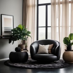 Cozy Scandinavian Interior with Empty Frames, Furniture, Plants, and Lamps





