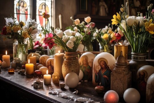 Easter ornamentation in church interior: intricate icons, blossoms, candles, and religious symbols