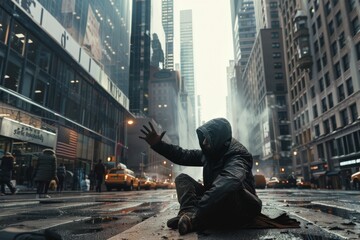 A hungry homeless person sits with outstretched hand on the street in a big city among skyscrapers. A large number of passersby ignore him.