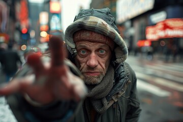 A hungry homeless person with a tired expression holds out a hand for help on a bustling city street. 