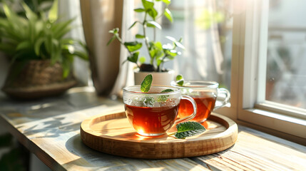 A cup of tea with mint leaves on a wooden tray for a healthy morning breakfast - obrazy, fototapety, plakaty