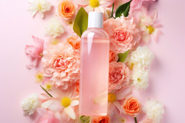 Obraz na płótnie Canvas Delicious floral Shampoo with drops on the background
