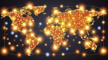 A glowing digital world map overlays a dark, intricate circuit board, symbolizing global connectivity and technology. Glowing network, worldwide bond.
