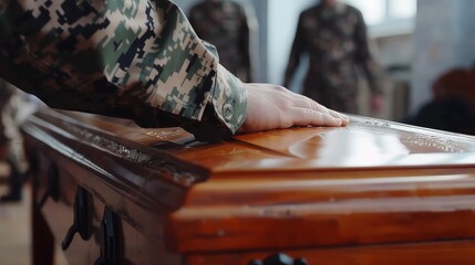 Funeral. A man in military uniform put his hand on the lid of the coffin as a sign of farewell to his brother in arms. A poignant goodbye, hand placed on the coffin.