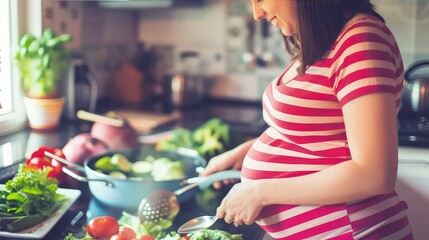 Pregnant woman cooking healthy food. Her maternal instinct infuses each dish with love and goodness. - obrazy, fototapety, plakaty