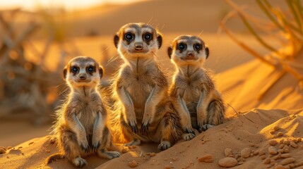 three meerkats are sitting on top of a sand dune in the desert - obrazy, fototapety, plakaty