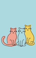 minimalistic graphics three line drawn cats on blue background space for text