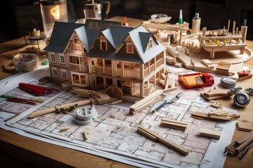 An intricately detailed miniature two-story house model sits on a worktable surrounded by blueprints, measuring tools, and construction equipment, illustrating meticulous construction planning.