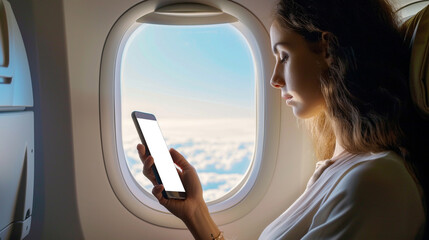 Young woman sitting with blank phone on the aircraft seat near the window during the flight in the...