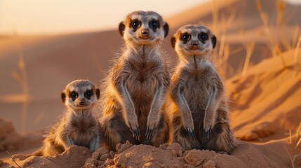 Three carnivorous meerkats with whiskers are perched on a desert sand dune - obrazy, fototapety, plakaty