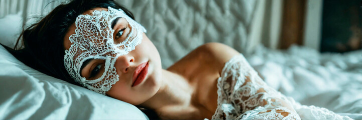 bride in a white mask in bed. Selective focus. - obrazy, fototapety, plakaty