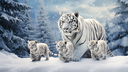 Fototapeta na wymiar Family white tiger with Santa Claus hat walking
