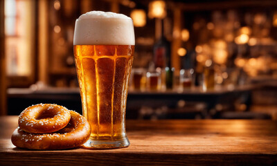 glass of beer and brezel. Selective focus. - obrazy, fototapety, plakaty