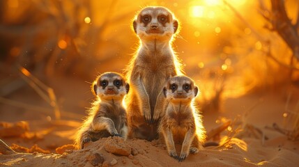 Three meerkats with fur, whiskers, and snouts sit happily on desert dirt pile - obrazy, fototapety, plakaty