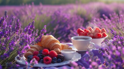 Breakfast in lavender fields. Generative AI